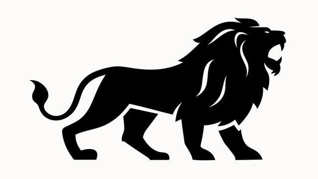 A fierce lion roaring with its mane flowing in a black silhouette against a white background illustration