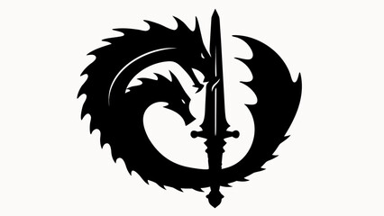 Black silhouette of two dragon heads encircling a sword on a white background creating a powerful emblem