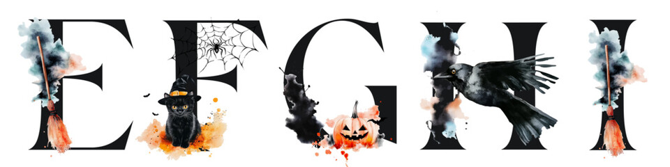 Halloween alphabet letter E F G H I with watercolor illustrations