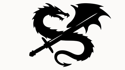 Silhouette of a dragon with wings and a sword crossing its body in a black and white illustration