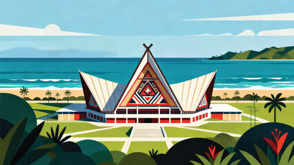 Illustration Of The Papuan Parliament Building In The Form Of A Traditional House With A Beach View Vector Design Template
