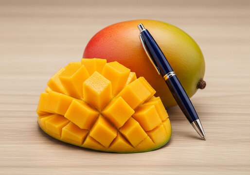 A cut mango with a pen on a wooden surface, showing the fruit's vibrant color and texture.