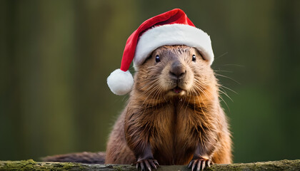 beaver wearing a santa hat