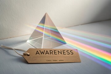 Light prism on a table creating rainbow spectrum with tag labeled awareness highlighting hidden colors and meanings