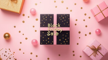 Top view of black friday sale gift box with pink ribbon on pink background with gold confetti and ornaments
