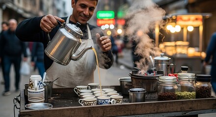 Street Vendor Pouring Tea in Istanbul, Turkey.