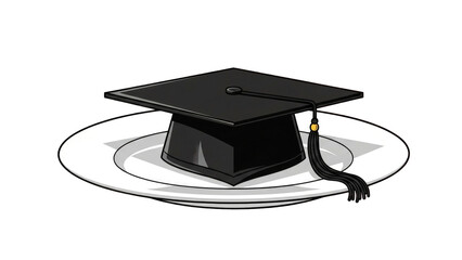 graduation cap sits on a white plate, symbolizing education and achievement.