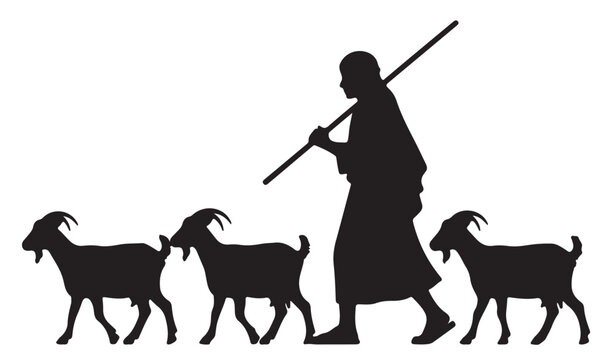 Black silhouette of a shepherd with a staff leading a small flock of three walking goats.