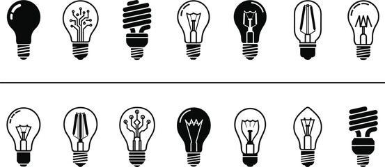 Set of 16 stylized light bulb icons with varied filament designs and structural patterns arranged in two-row grid layout