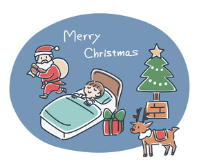 サンタクロースが子どもにプレゼントを届けるイラスト