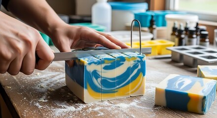 Artisan soap maker carefully slicing a colorful handmade soap loaf into bars.