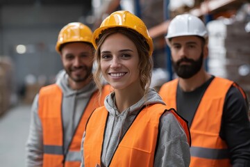Warehouse workers wearing safety vests and hardhats collaborate in a storage facility while overseeing operations during the day
