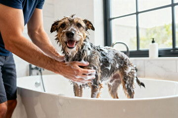 Happy Scruffy Dog Enjoying a Lathering Bubble Bath in a Bright Modern Bathroom