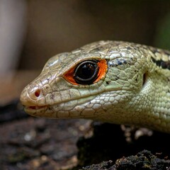 Close-up of a lizard's head, profile view.  Gray-tan scales, distinct orange eyes, and a mottled pattern.  Lizard head resting on dark wood