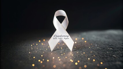 White ribbon with glowing sparks on dark background for awareness campaigns, charity events, and heartfelt gestures