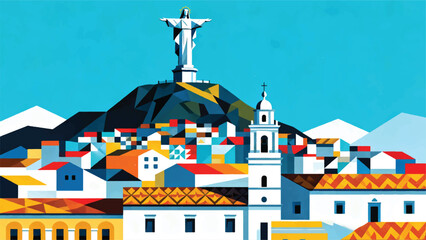 Naklejka premium Illustration Of A Colonial City In The Mountains With The Statue Of The Virgin Of El Panecillo Vector Design Template
