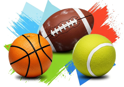 A basketball, football, and tennis ball are displayed against a colorful background.