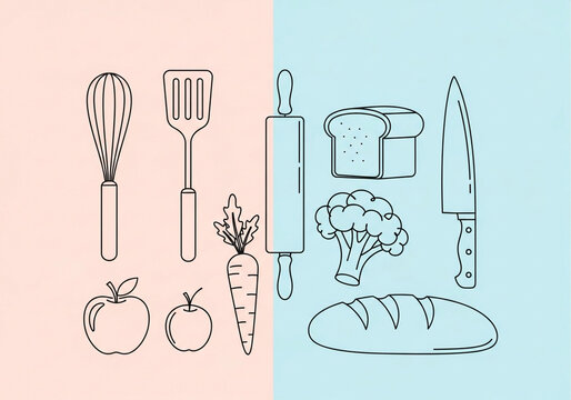 Line art illustration of various cooking utensils and food ingredients on a split pink and blue background.