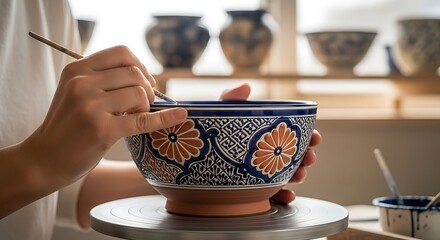 Artist meticulously painting intricate floral designs on a ceramic bowl.