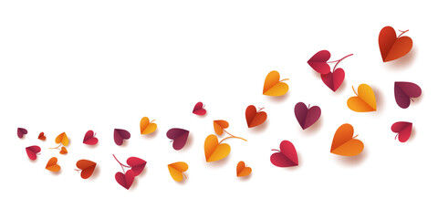 Colorful flying autumn leaves in the shape of a folded paper heart. A wave of 3D leaves on a white background. Vector illustration.