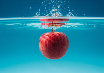 A vibrant red apple submerged in clear water, creating a splash against a bright blue background.