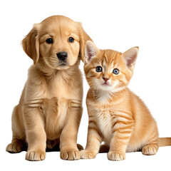 Fototapeta premium Puppy and kitten, friends, sitting, cuddling, cute, isolated on black