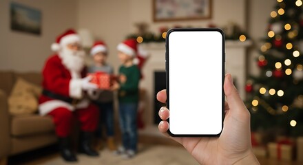 A hand holding a smartphone with a blank screen, Santa Claus, and children in a festive Christmas setting.