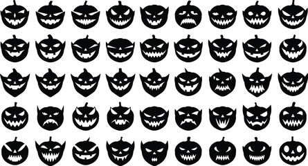 Set of 48 black jack-o'-lantern silhouettes with unique facial expressions for Halloween design, decoration, and spooky themes