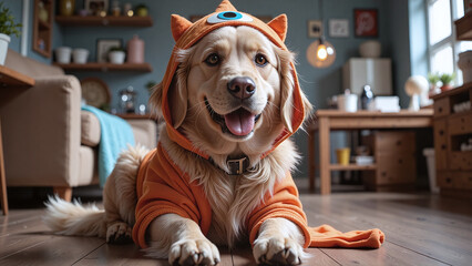 Golden Retriever in green monster costume, lawn party setting,A warm-hearted Golden Retriever in a cute monster outfit, great for parties.
