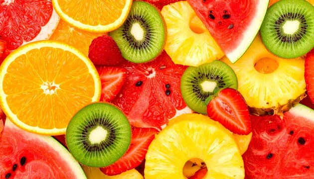 A vibrant, colorful background of fresh sliced summer fruits. This healthy tropical mix is perfect for diet, wellness, or juice bar concepts.