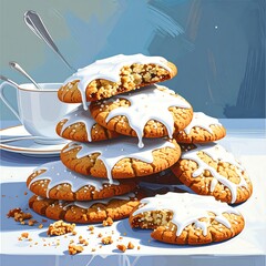 Stacked iced cookies, a cup of tea