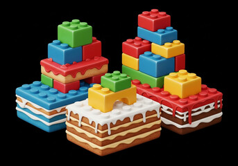 Naklejka premium A playful assortment of four layer cakes creatively designed to resemble colorful toy building blocks.