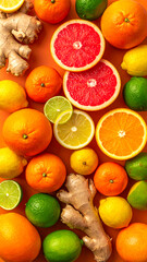 Flat lay featuring citrus fruits and ginger roots, Represents an organic detox and wellness food concept