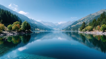 Symmetrical Reflection of Mountain Lake Surrounded by Lush Green Forest with Blue Sky and Clear Water in Tranquil Nature Landscape