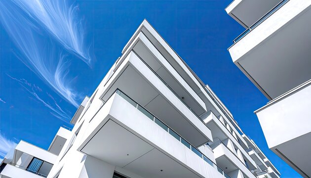 Symmetrical Modern White Building with Windows Reflecting Sky in Natural Daylight Minimalist Geometric Architecture with Clean Lines against a Blue Sky Background