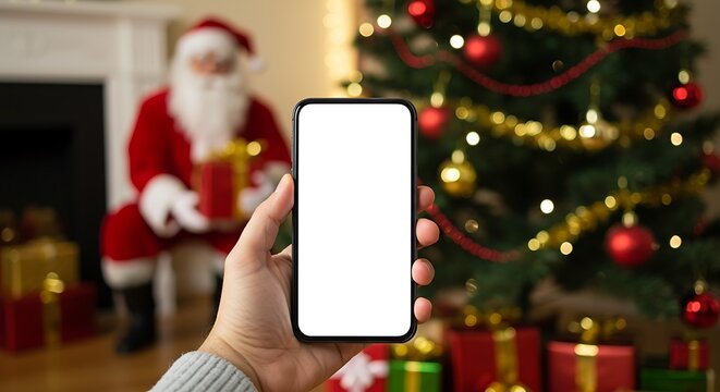 A person's hand holds a smartphone with a blank white screen, set against a blurred background of Santa Claus and a decorated Christmas tree with presents.