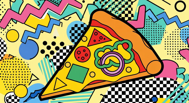 A vibrant, colorful illustration of a pizza slice with various toppings against a retro background. - Powered by Adobe