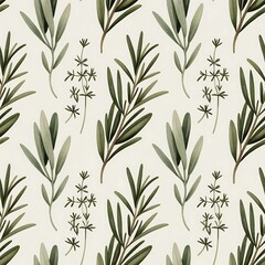 Seamless pattern of delicate watercolor rosemary and thyme sprigs on a soft cream background