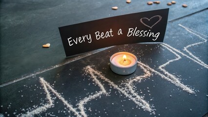 Heartbeat Symbol with Candle and Inspirational Message on Dark Surface for Wellness and Mindfulness Concepts