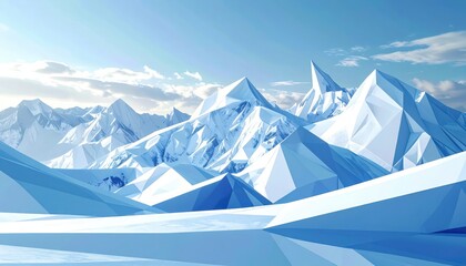 Geometric mountain landscape with jagged peaks and icy terrain bathed in soft sunlight depicts a serene and abstract cold environment under a partially cloudy, clear blue sky, creating a sense of...