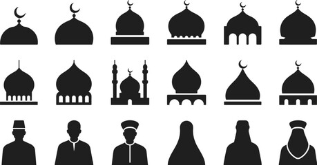 Set of mosque dome and minaret silhouettes with Islamic attire icons representing cultural architecture and traditional clothing styles