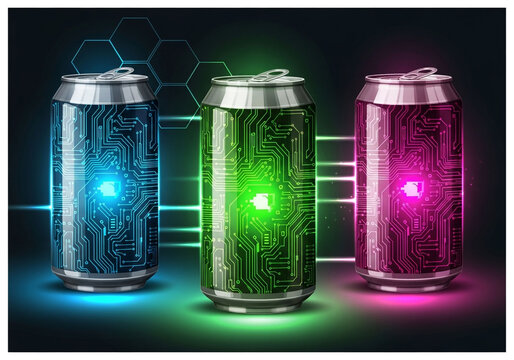 Three futuristic energy drink cans glowing in blue, green, and pink with circuit board designs on a dark background.