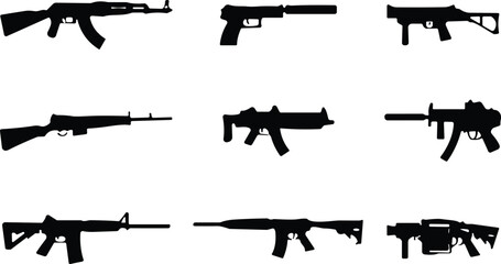 Set of nine black firearm silhouettes including rifles, submachine guns, and shotguns for weapon identification and design reference