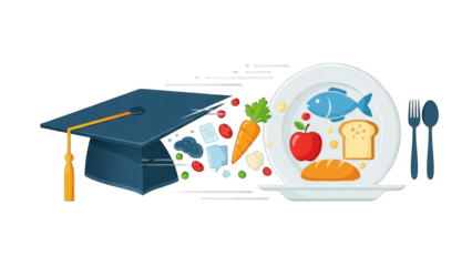 Educational concept for nutrition, dietetics, and culinary arts with a graduation cap and healthy food on a plate.