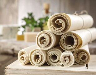 Rolled, light beige sheets stacked on a wooden tray.  Natural, artisanal look