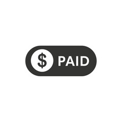 A dark gray rounded button graphic featuring a white dollar sign icon and the word 'PAID' in capital letters, indicating a completed financial transaction.