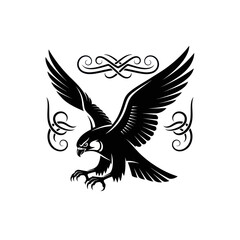 Black silhouette of a majestic eagle in flight with outstretched wings and sharp talons.