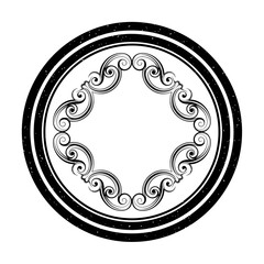 Elegant circular design with intricate ornamental details and flourishes.