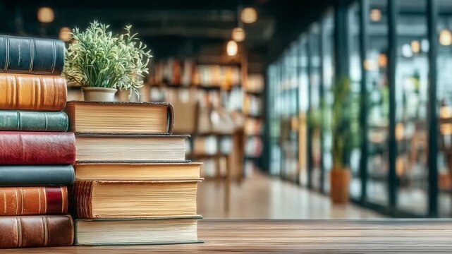 Literary Haven: A towering stack of vintage books on a wooden table in a library, offering a warm welcome to the realm of knowledge. inviting readers to dive into a world of stories and insights.