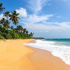 Golden beach fringed by lush tropical foliage under a vibrant blue sky
